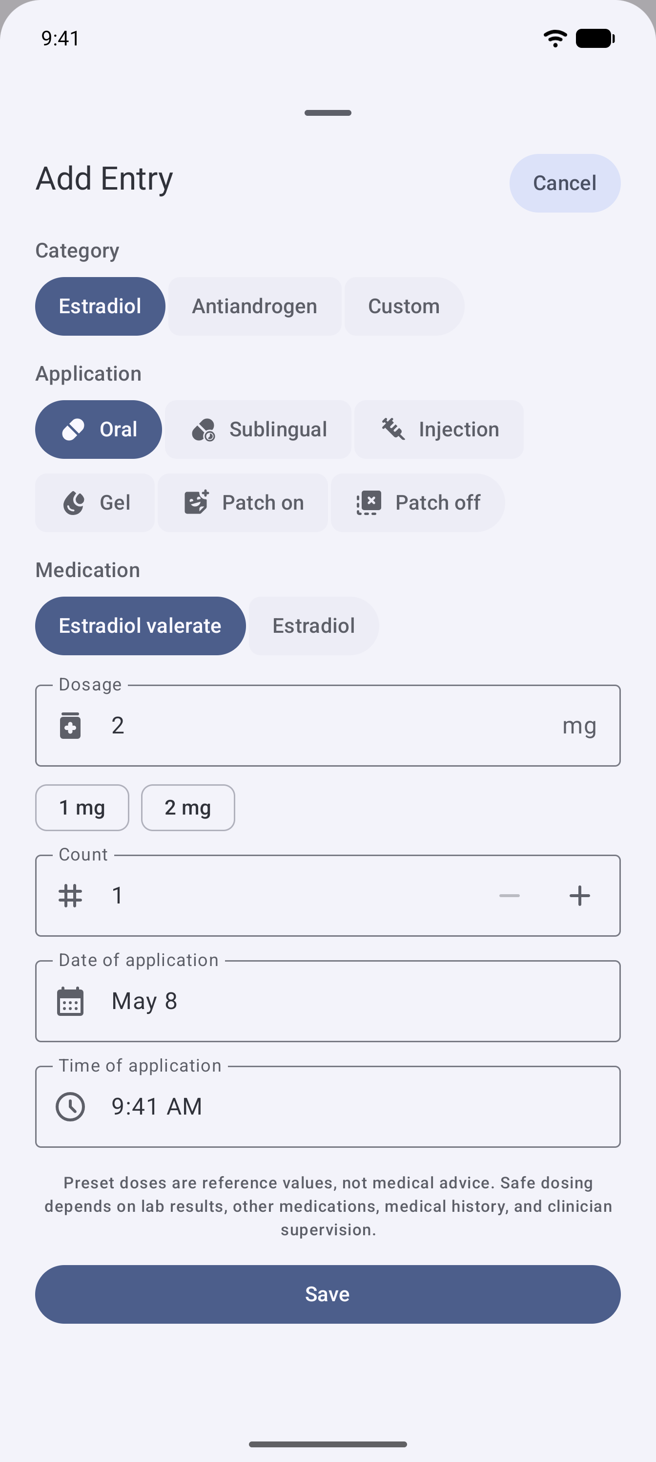 Manual dose entry screenshot.